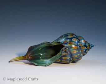 Blown Glass Sea Shell, “Copperblue”, Hand Blown Glass Seashell Sculpture