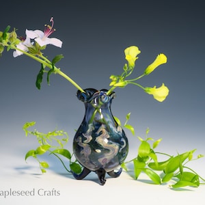 Hand Blown Lampwork Glass Bud Vase, Blue Wisps image 1