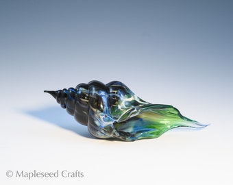 Blown Glass Sea Shell, “Green Dream”, Hand Blown Glass Seashell Sculpture