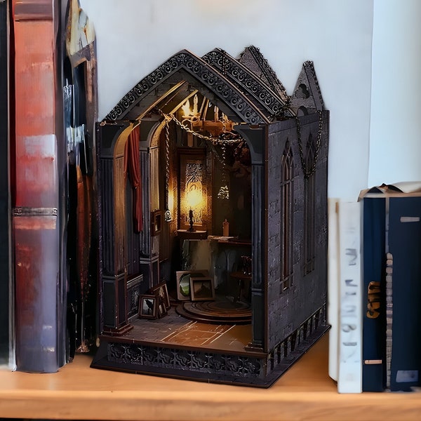 Gothic Architecture Book Nook Shelf Insert - Wooden DIY 3D Puzzle Model Kit, Miniature Dollhouse Bookshelf Building Set, Bookend Gift