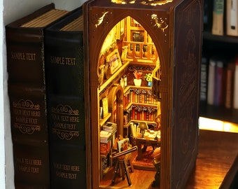 Library of Books Book Nook Shelf Insert - Wooden DIY 3D Puzzle Model Kit, Miniature Dollhouse Bookshelf Building Set, Bookend, Reader Gift