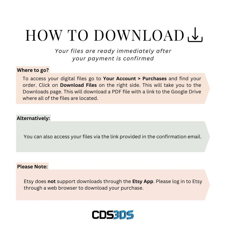 May include: A white and green graphic with the text "HOW TO DOWNLOAD" in black. The text "Your files are ready immediately after your payment is confirmed" is also in black. The graphic provides instructions on how to download digital files after purchase on Etsy. The instructions include accessing your account, clicking on the "Download Files" button, and downloading a PDF file with a link to Google Drive. The graphic also notes that Etsy does not support downloads through the Etsy app and recommends logging in to Etsy through a web browser to download purchases.
