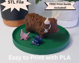 ハイランドカウリングホルダーSTLファイル、3Dプリント用、かわいいジュエリーディスプレイ、愛らしいファームハウスボヘミアン風リングトレイ、ブレスレット収納用