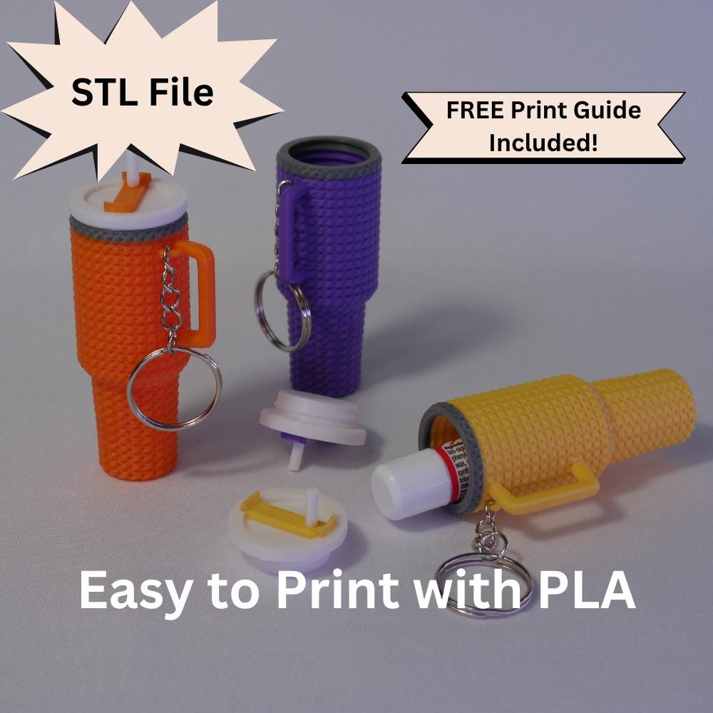 Mini fichier STL porte-clés porte-baume à lèvres inspiré Stanley au crochet pour impression 3D, capuchon amovible de 40 oz pour ranger le baume à lèvres