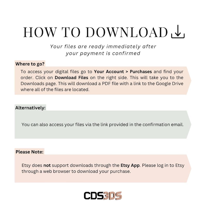 May include: A white graphic with the text "HOW TO DOWNLOAD" and instructions for accessing digital files after purchase. The image includes steps for downloading files from Etsy and a note about using a web browser.