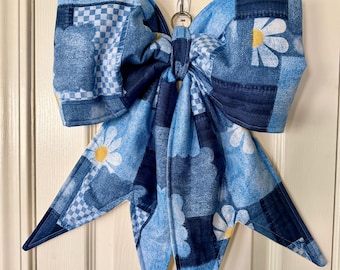 Summer Patchwork and Daisy Bow Door Hanger, Door Decor, Giant Bow