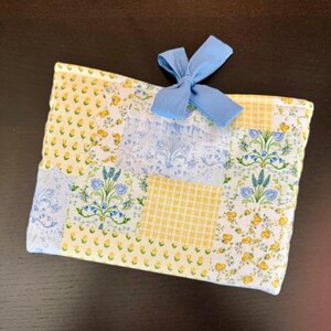 Yellow Blue Patchwork Padded Book Sleeve, Bow Bible Pouch, Bookish Gift