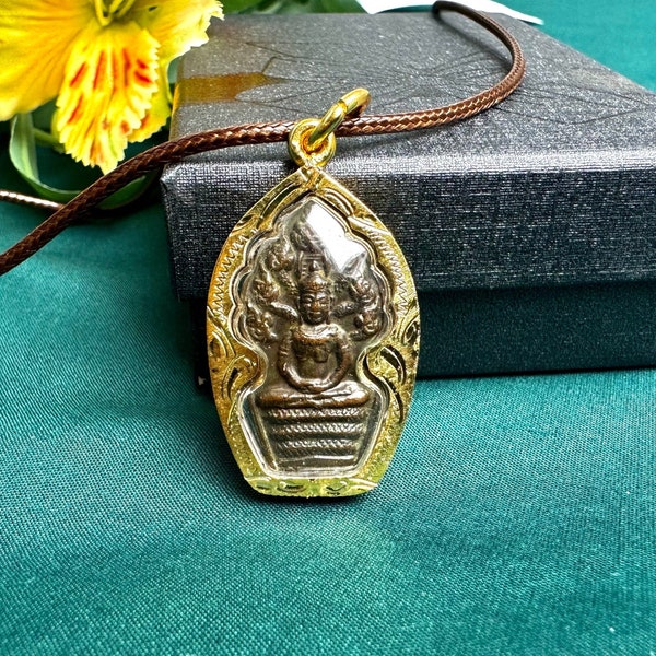 Bring protection and well-being Phra Narg Prog and LP Moon Thai buddha amulet talisman pendant string necklace with gift box.