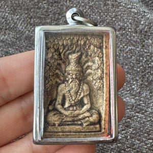 Silvery pendant Pu Rersi Bring protection, Miracle wish, wealth and success in life Thai talisman amulet