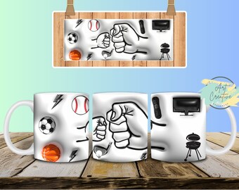 1～4人の子供の手の3Dデザイン、父の日、お父さんのマグカップの膨らんだ効果、マグカップのテンプレート、デジタルファイル