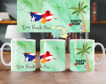 May include: White ceramic mugs and a sign with a green marble design. The mugs and sign feature the Puerto Rican flag, a palm tree, and the text "Viva Puerto Rico" and "Puerto Rican". The design includes a plane and heart shapes.