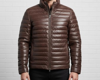 Bruin leren pufferjack heren: gewatteerde winterjas van lamsleer