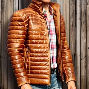 Men&#39;s Puffer Down Jacket Distressed Brown Lambskin Quilted Lightweight Winter Coat