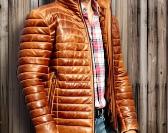 Men's Puffer Down Jacket Distressed Brown Lambskin Quilted Lightweight Winter Coat
