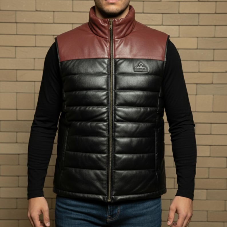 Lambskin Leather Puffer Vest Men's Quilted Bubble Jacket image 2