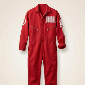 Puede incluir: Mono rojo con cierre de cremallera, dos bolsillos en el pecho y cremalleras doradas. El mono presenta un gráfico de código de barras blanco y un diseño blanco en las mangas. Las mangas están dobladas. Fabricado con tejido resistente.