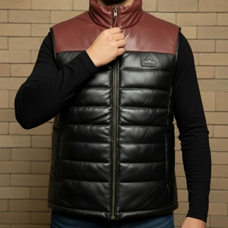 Lambskin Leather Puffer Vest Men's Quilted Bubble Jacket image 9