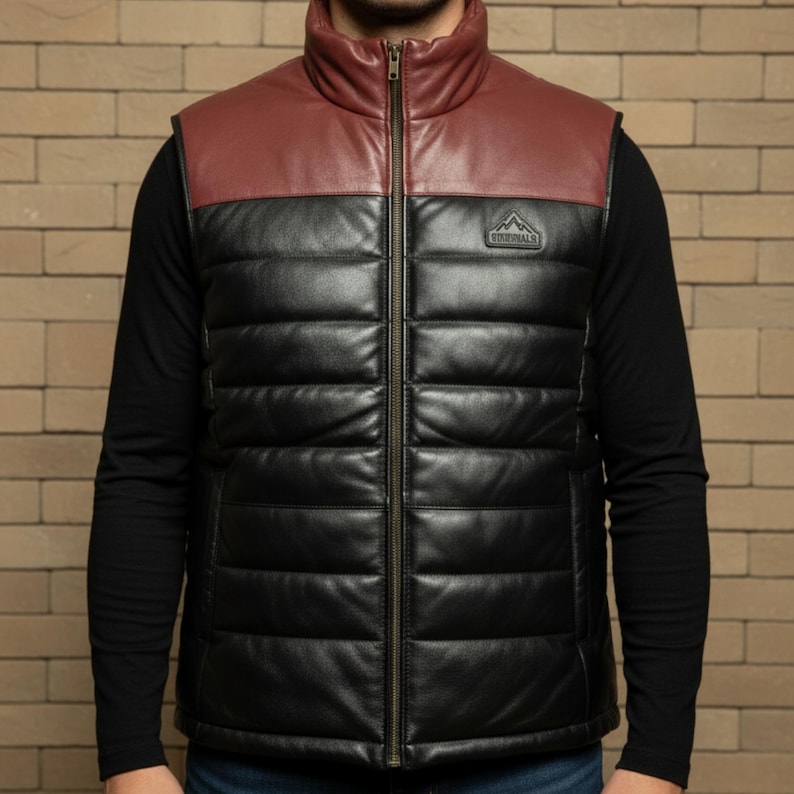 Lambskin Leather Puffer Vest Men's Quilted Bubble Jacket image 10