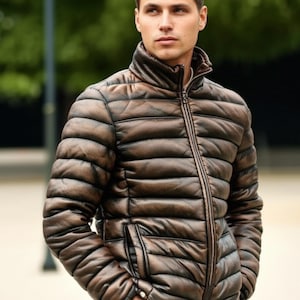 Puffer Down Jacket Men&#39;s Real Lambskin – Distressed Black Vintage Look, Quilted Winter Bubble Coat, Warm Leather Outerwear