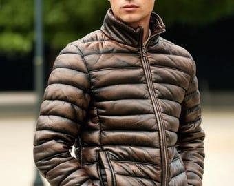 Distressed Black Lambskin Leather Puffer Jacket: Vintage Winter Coat