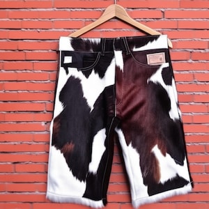 Men’s Cowhide Hair-On Leather Shorts – Natural Cow Print Bermuda Style – Real Leather Cowboy Festival Shorts