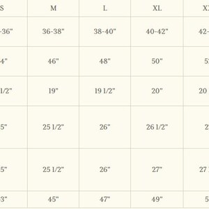 May include: Size chart for a jacket with measurements in inches for body chest, jacket chest, shoulder to shoulder, arm length, jacket back length, and waist.