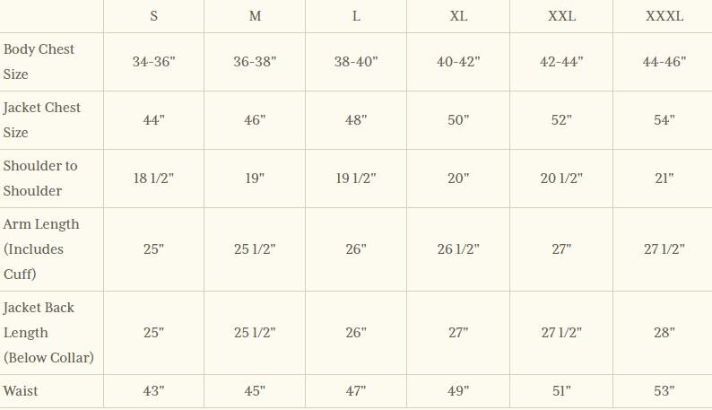 May include: Size chart for a jacket with measurements in inches for body chest, jacket chest, shoulder to shoulder, arm length, jacket back length, and waist.