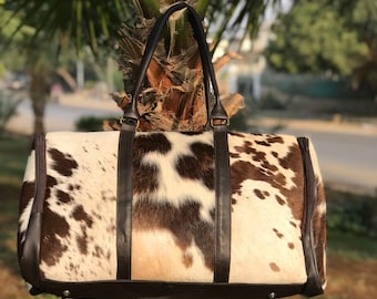 Bolsa de lona de piel de vaca Pelo real en cuero Bolsa de fin de semana Bolsa de gimnasio de viaje con estampado animal