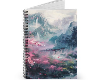 Cahier à spirales inspiré par l'art - 6 x 8 fleurs de cerisier et couverture train, papier ligné pour écriture et listes, cadeau unique pour les créatifs