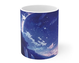 Mug anime nuit étoilée - Tasse à café en céramique blanche de 11 oz - Idéal pour les boissons chaudes