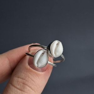 May include: Two silver rings, each featuring a single white cowrie shell set in a smooth metal bezel. The rings have thin, polished silver bands that are stacked together, showcasing the natural ribbed texture of the white seashells.