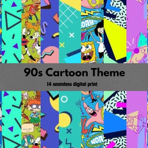 May include: A collection of 14 seamless digital prints featuring 90s cartoon characters and geometric patterns in vibrant colours like blue, yellow, pink, and teal. The image includes the text 90s Cartoon Theme and 14 seamless digital print.