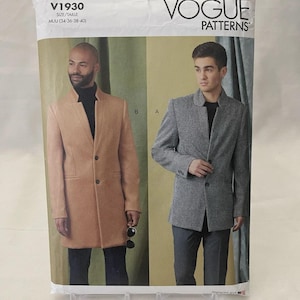 May include: Vogue Patterns sewing pattern featuring two men's coat designs. The pattern cover displays a tan overcoat and a gray blazer. The pattern number is V1930, with size information. The Vogue Patterns logo is visible.