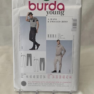 May include: A sewing pattern package from Burda Young, featuring designs for jeans and a twisted chino. The package includes illustrations of the finished garments, size charts, and the text "7138".