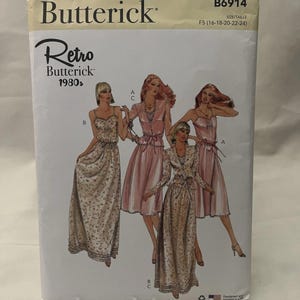 May include: A vintage Butterick sewing pattern titled "Retro Butterick 1980s." The pattern packet features illustrations of women in various dresses. The pattern number is B6914, and the size is F5 (16-18-20-22-24).