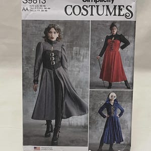 May include: Simplicity Costumes sewing pattern S9813. The pattern features three costume designs. The cover shows a woman in a gray and black striped coat, a red dress, and a blue coat. The pattern is designed and printed in the USA.