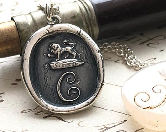 Monogram Wax Seal Necklace Initial C -   Vintage Wax Seal Jewelry in Sterling Silver