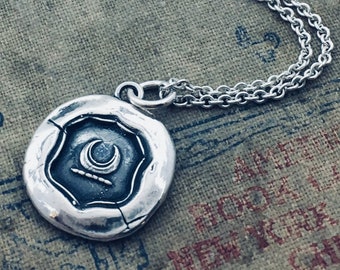 Moon Wax Seal Necklace - Silver Crescent Moon Wax Seal Jewelry - Moon Phase