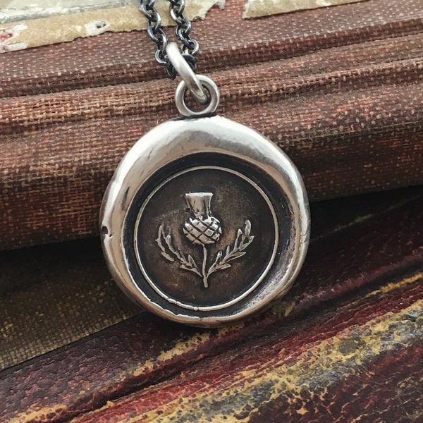 Wax Seal Necklace Thistle - Friendship Gift - Scottish Jewelry in sterling silver