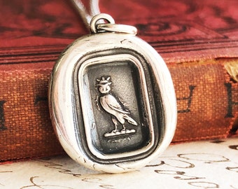 Crowned Owl Pendant | Wax Seal Sterling Silver Necklace | Owl Necklace | Womens Silver Pendant | Owl Charm