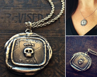 Memento Mori Necklace Silver Skull Necklace - 1800's Jewelry Wax Seal Necklace