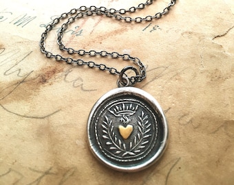 Flaming Heart Wax Seal Necklace - Gift for Her - Silver and Gold Wax Seal Jewelry -  Eternal Love and Undying Affection