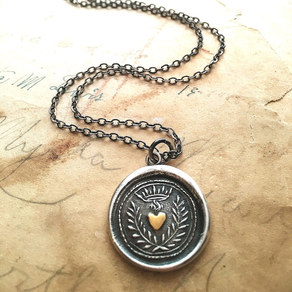 Flaming Heart Wax Seal Necklace - Gift for Her - Silver and Gold Wax Seal Jewelry -  Eternal Love and Undying Affection