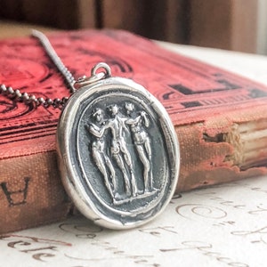 The Three Graces Wax Seal Necklace - symbolic of Beauty, Charm & Creativity - Sterling Silver Wax Seal Jewelry
