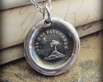 Life is Good - Sun and Tree wax seal necklace - antique French motto wax seal jewelry - FP420