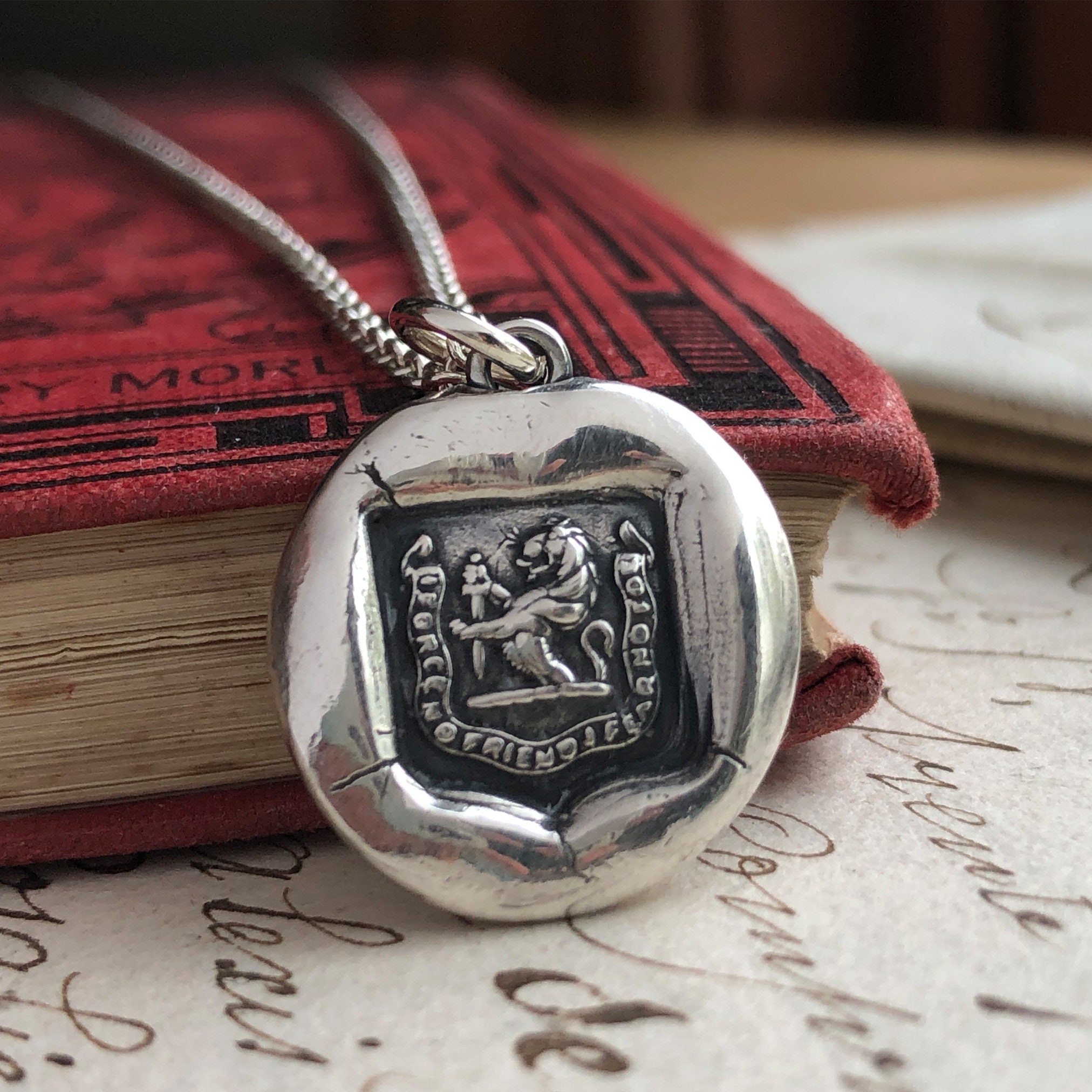 Faithful Friend, Courageous Foe Wax Seal Necklace - Lion and  Old sterling griffen, lions fleur-de-lis bracelet main image 0