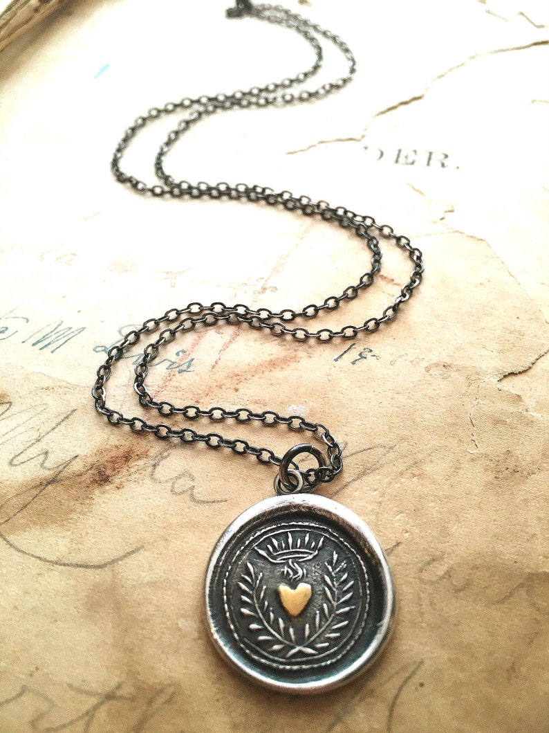 Flaming Heart Wax Seal Necklace Gift for Her Silver and Gold Wax Seal Jewelry Eternal Love and Undying Affection image 1