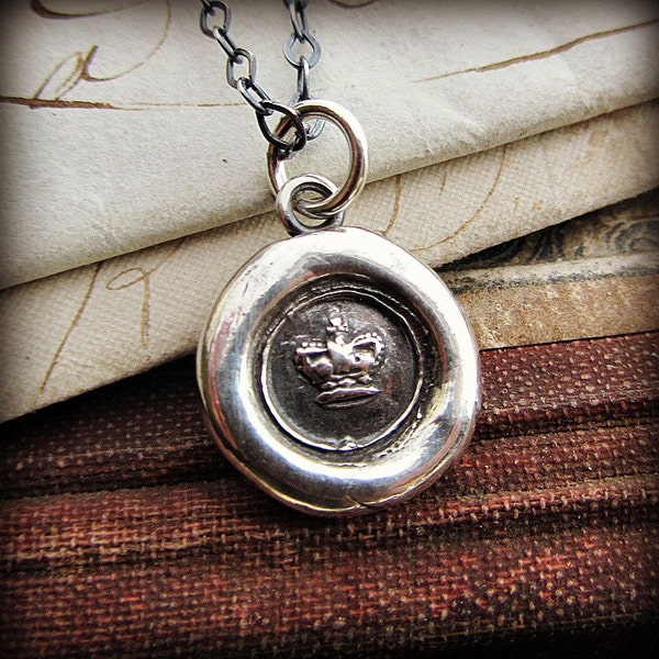 Tiny Crown Wax Seal Necklace - Sterling Silver Antique Wax Seal Jewelry