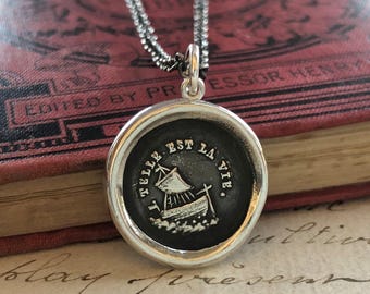 Ship Wax Seal Necklace - Such is Life - antique French Wax Seal Jewelry - sailboat necklace, nautical jewelry, life's journey