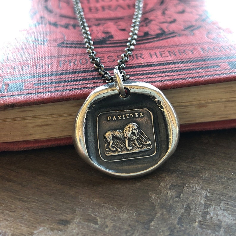Patience Lion and the Mouse Sterling Silver Wax Seal Necklace Aesop Fable Jewelry image 1